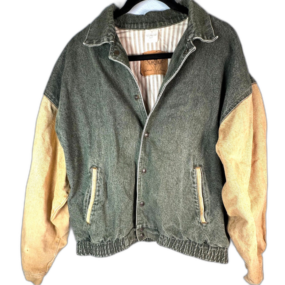 Vintage International Denim Colorblock Bomber Jacket Olive Green Camel M 90's